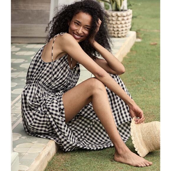 DÔEN Leslie tie-detailed smocked gingham voile midi dress M - Picture 2 of 13